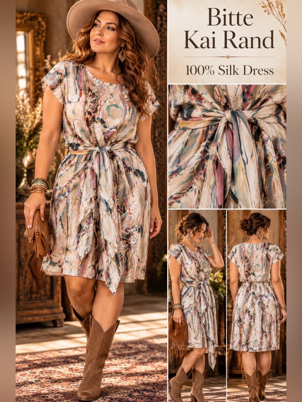 Bitte Kai Rand- 100% silk Abstract Marble-Print Tie-Waist Dress -large